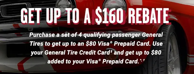 Tire rebate offer with vintage car background.