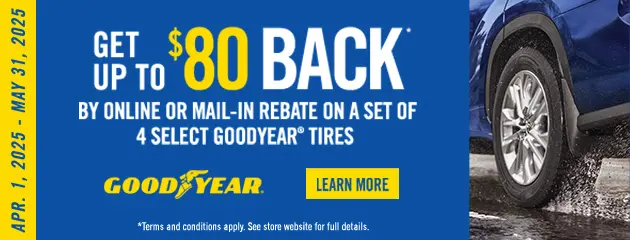 Goodyear tire rebate offer, April-May 2025.