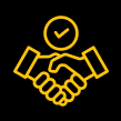 Group 107 Handshake icon with clock, yellow outline.
