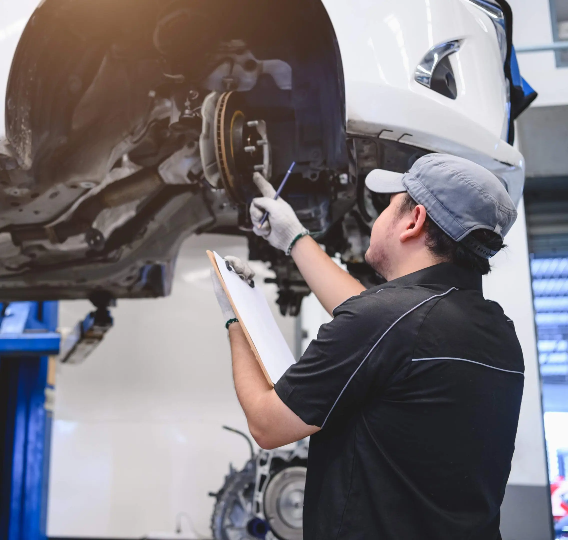 jpeg-optimizer_GettyImages-1175715723 Mechanic inspecting car brake system on lift.